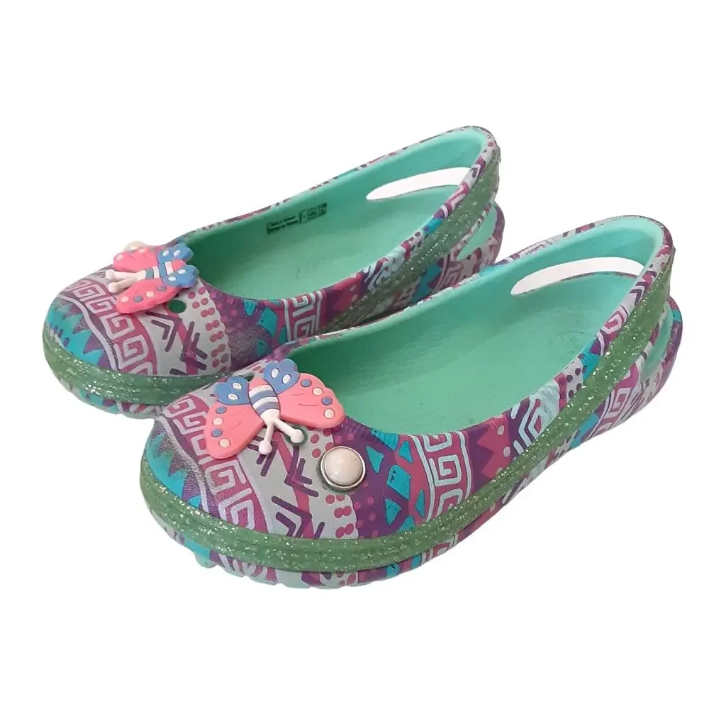 Crocs Genna II Ballet Flats Glitter Sparkle Slingback Dress Shoe Girls 11 Green